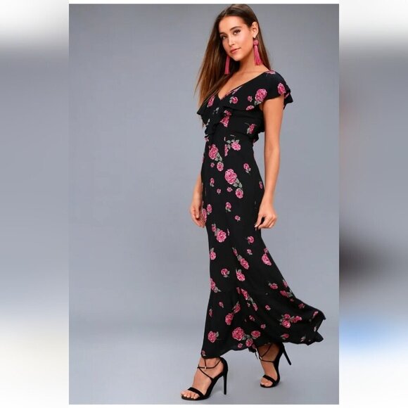BILLABONG | Southern Border Black Floral Print Maxi Dress roses gauze sz Large - Picture 1 of 10
